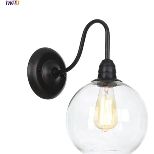 IWHD American Country Glass Ball Wall Light Fixtures Black Metal 4W Bar Porch Stair Antique Vintage Wall Lamp Applique Murale