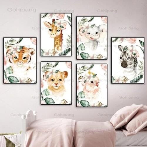 Canvas Painting Zebra Tiger Giraffe Lion Elephant Nordic Posters And Prints Jungle Animals Art Wall Pictures For Kids Room Decor