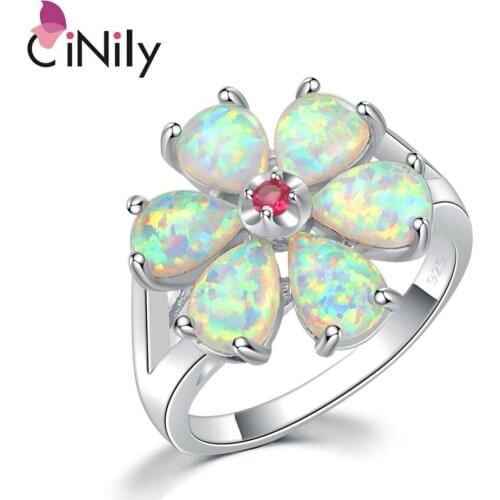 CiNily White Fire Opal Rings With Stone Silver Plated Gardenia Flower Flora Plant Ring Natrual Summer Jewelry Gifts Girls Women