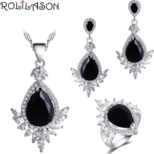 ROLILASON Crown shape water drop design Black Zircon For girl Earrings Necklace Rings Jewelry Sets JS772