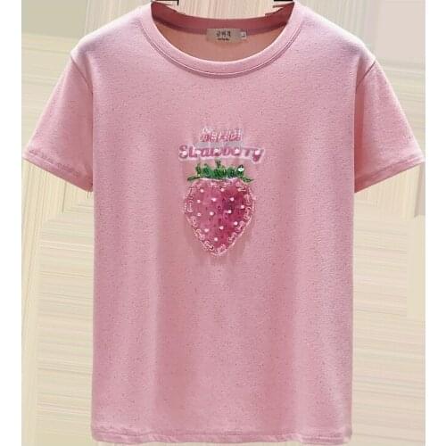 Summer Strawberry Printed Short-sleeved Ice Silk Ladies T-shirt Version Of Loose Heavy Industry Beaded Sequins Women Tees Tops