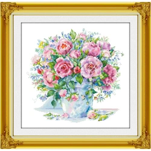 Showy rose vase cross stitch kits flower pattern 18ct 14ct 11ct white fabric cotton thread DIY embroidery kit for Adult