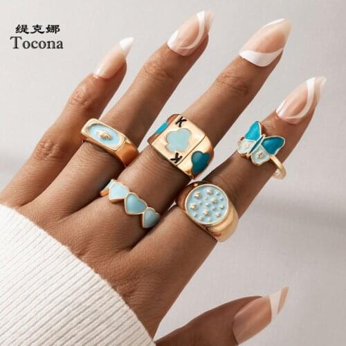 Tocona 5pcs/sets Colorful Bead Butterfly Flowers Ring Sets for Women Charms Heart Mushroom Tai Chi Party Jewelry кольца 19910