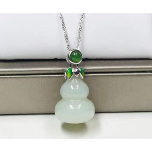 Natural He Tian White Jade Gourd Pendant 925 Silver Inlay Women Gift Water Drop Necklace Jewel