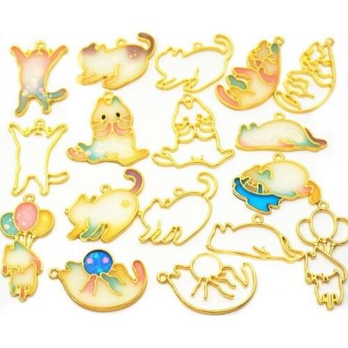 9 style posture little cat Metal Frame Pendant Gold Charm Bezel Setting Cabochon Setting UV Resin Charm Jewelry Making Findings