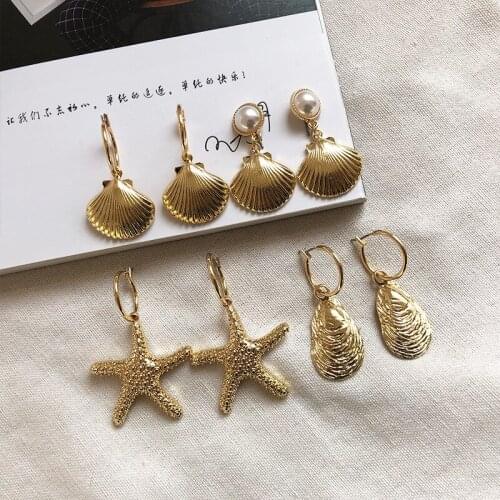 Gold Starfish Conch Cowary Shell Big Circle Metal Drop Earrings Shell Dangle Earrings Hook Fashion Jewelry Wholesale YEA299