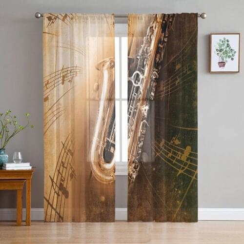 Modern Sheer Curtains Saxophone Note Retro Living Room Kitchen Childrens Room Decoration Household Chiffon Window Curtains