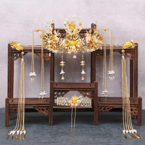 Hanfu Bridal headdress Chinese style gold tassel crown hairstick earring set wedding hair accessories