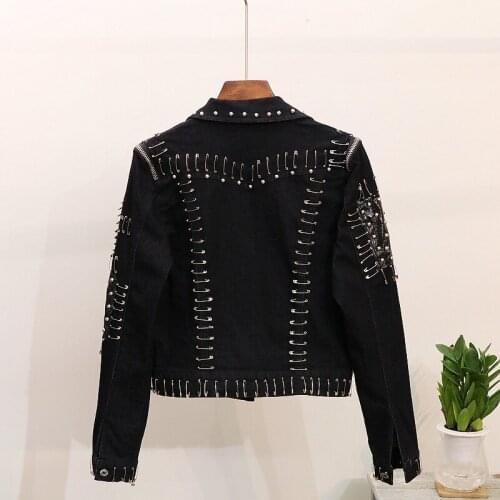 Spring Long Sleeve Punk Rivet Brooch Zipper Womens Jeans Short Coats Single Breasted Lapel Slim Fit Female Denim Jackets