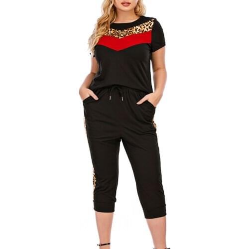 Womens Short-Sleeved T-Shirt + Seven Points Of Pants 2 Pieces Set New Round Neck Leopard Fashion Casual Sportswear Suit