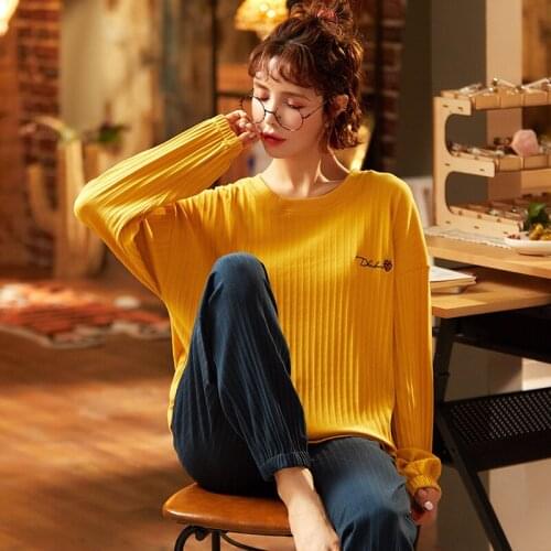 Women Lovely Sweet Nightwear Clothes Fashion Spring Cute Home Print Long Sleeved Pajama Set Cotton Top Long Pants Sleepwear