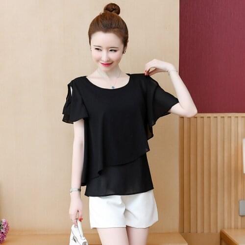 Office Lady Solid Chiffon Top Women Summer Shirt Hollow Out Short Sleeve Casual Loose Blouse Ruffles Top Plus Size M-7XL 8XL