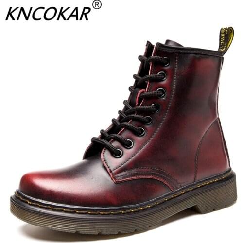 KNCOKAR Genuine Leather Women Martin Boots Winter Warm Shoes Feminina Female Motorcycle Ankle Fashion Boots Women Hot sales