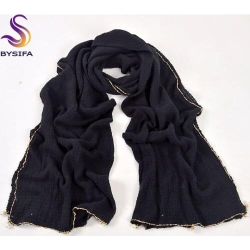 [BYSIFA] Autumn Winter Women Black Long Scarves 2018 New Brand Pearl Pendant Cotton Blends Scarf Shawl Green,Grey,Red,Navy Blue