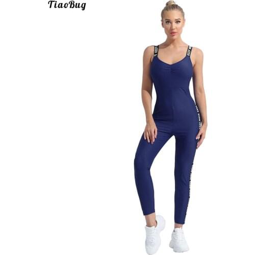 Women Solid Yoga Jumpsuit V Neck Shoulder Straps Sleeveless Removable Pads Ruffled Front Letters Print Side Pants Bodysuit