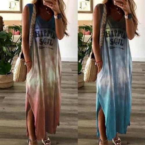 Women Boho V Neck Sleeveless Gradient Color HIPPIE SOUL Pockets Long Loose Dress Summer Letter Printed Boho Casual Pocket Dress
