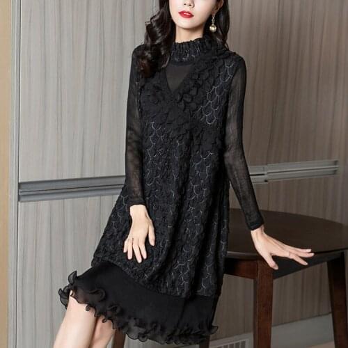 Likyims Embroidered Ruffle Black Dress Middle Length Round Neck Long Sleeves Loose Fashion Sweet Dress for Women Party Wedding