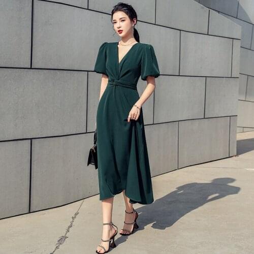 Big setup long waist French bubble retro green dress with short sleeves goddess temperament high-end van clothes