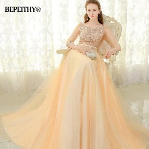 BEPEITHY Scoop Gold Long Evening Dress Party Elegant Full Sleeves 2021 Robe De Soiree Beaded Vintage Prom Dresses With Belt 2021