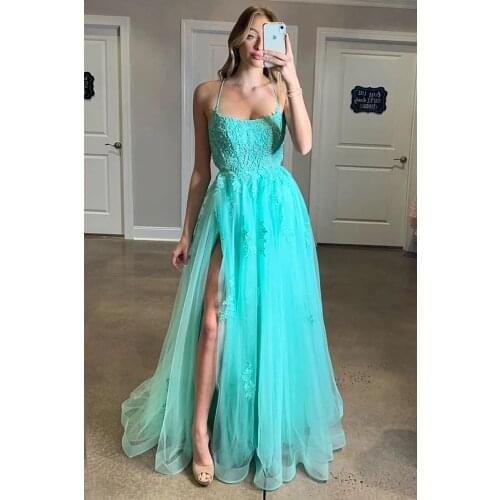 Lake Blue Prom Dress A-line Split Halter Backless Lace-up Applique Floor Length Elegant Evening Dress вечерние платья платье