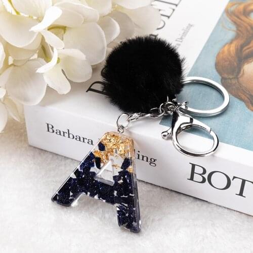 1PC Keyring Black Stone Gold Color English Letter Resin Keychain with Puffer Ball 26 Words A TO Z Handbag Charms for Woman