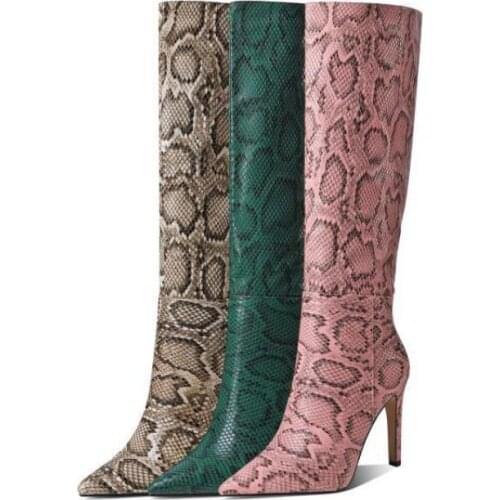 2021 Autumn And Winter Womens Boots Serpentine Printed High-heeled Knee High Boots Fashion Pointed-toe Shoes Leather Rain Boot