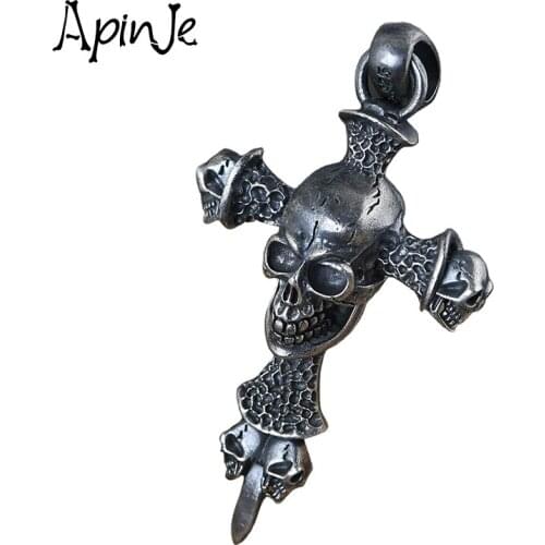 Apinje Thai Silver Skull Big Pendant Vintage 925 Sterling Silver Men Cross Punk Gothic Jewelry
