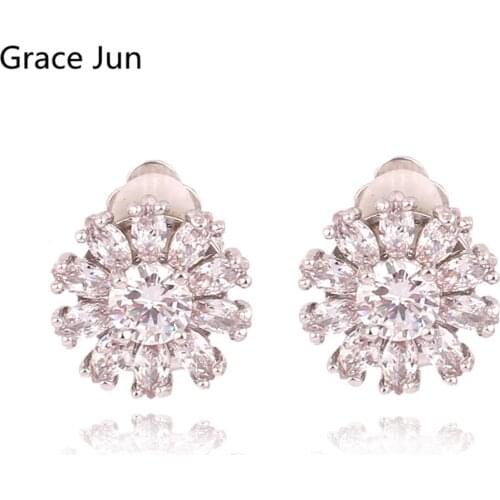 GRACE JUN New Design Clip on Earrings Party Wedding Luxury Fashion AAA CZ Clip on Earrings No Pierced Charm Jewelry Wholesale