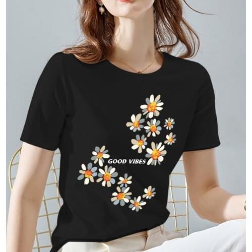 Black All-match Women Tshirts Summer Casual Round Neck Tee Daisy Pattern Print Series Tops Vogue Short Sleeve Womens Clothes