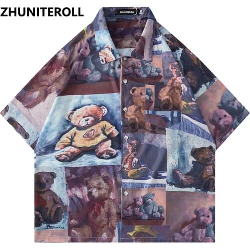 Shirt Hawaiian Harajuku Cartoon Bear Print Beach Shirt Men Pocket Hip Hop Summer Short Sleeve Fashion Aloha Shirt Streetwear