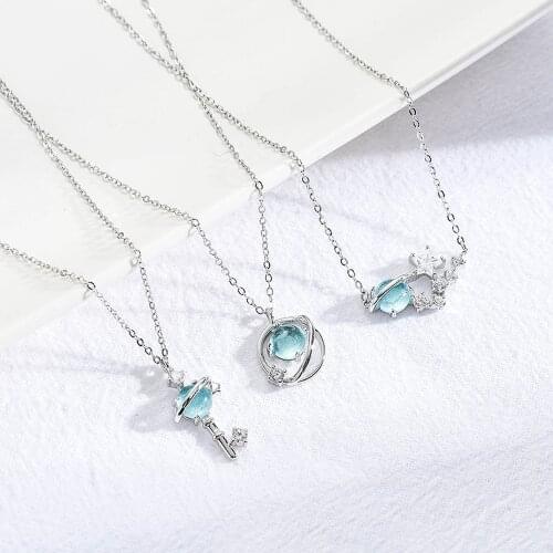 Harajuku Girl Heart Blue Glass Planet Necklace Dream Star Clavicle Chain Necklace Jewlery
