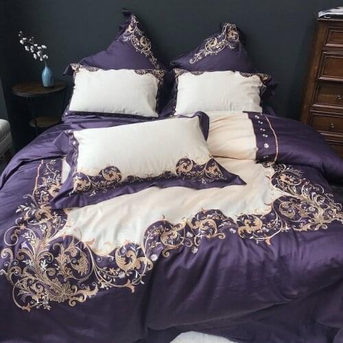 Purple Luxury Pastoral Embroidery Egyptian cotton King Queen Bedding Set 4pcs Duvet Cover Bed sheet Bed Linen Pillowcases