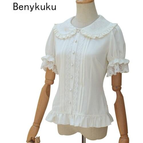 Sweet Lolita Shirt Short Puff Sleeve Flower Embroidered Peter Pan Collar White Ruffle Blouse for Ladies Girls 2021 Women Shirt