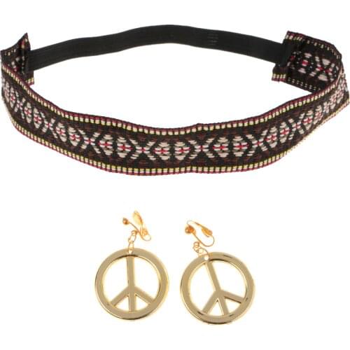 2 Pieces Hippie Costume Accessories Set Including Peace Sign Earrings & Boho Headband for Women & Girls Party Canival Props