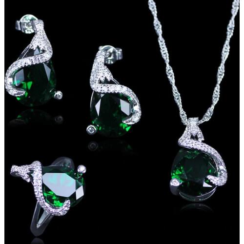 Dubai Simple Style Green Created Emerald White Zircon Silver Color Jewelry Sets For Women Best Christmas Present