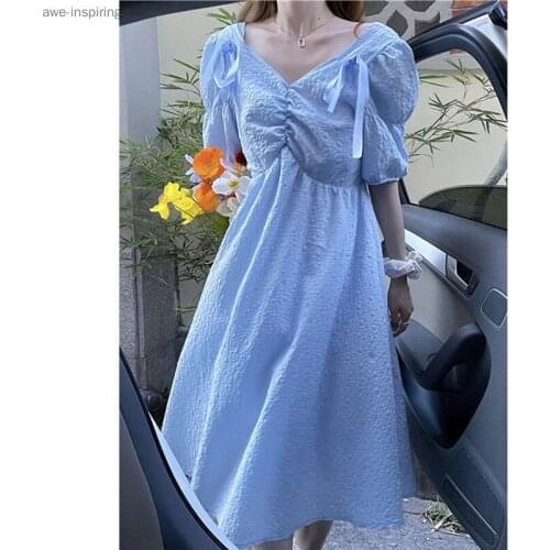 2021 Summer New Dress Sweet, Gentle and Sweet Princess Dress Temperament Fashion Puff Sleeves V-neck Waist Thin Solid Color