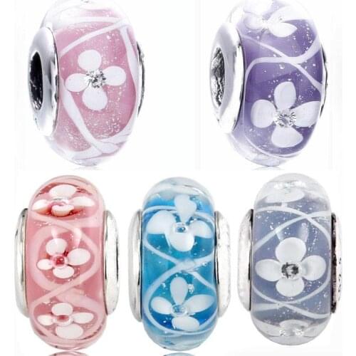Original Pink & Purple Field Of Flowers Lampwork Murano Glass Beads Fit 925 Sterling Silver Charm Bracelet DIY Jewelry