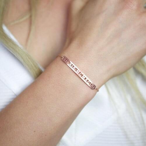 Personalized Roman Numerals Bracelet Femme Custom Date Numbers Name Long Bar Bracelets For Women Stainless Steel Jewelry Gifts