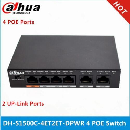 Dahua 4ch PoE Switch DH-S1500C-4ET2ET-DPWR 4CH Ethernet Switch with 250m Power Transit Distance Support PoE PoE+&Hi-PoE Protocol