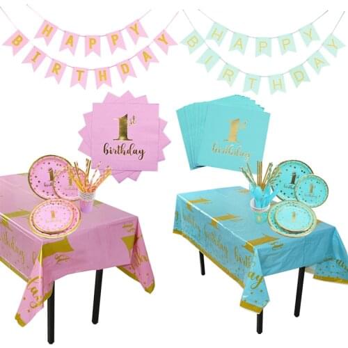 1st Birthday Party Supplies Disposable Tableware Paper Plate Cup Straws Happy Birthday Banner One 1 Year Kids Party Decorations