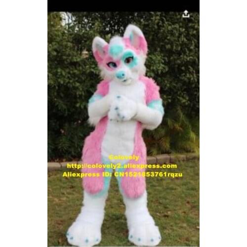 Pink Long Fur Furry Fox Wolf Husky Dog Mascot Costume Fursuit Adult Cartoon Character Someone Inside Cartoon Props zz7650