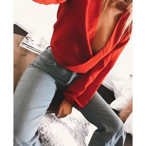 Sexy V Neck Wrap Sheath Exposed Navel Short Top Bow Tie Autumn Shirts Chiffon Women Blouses 2018 Backless Red White Crop Tops