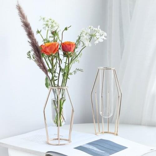 Glass Vase With Metal Iron Flower Home Decor Accessories Decorative Nordic Transparent Home Glass Vase Living Room Decoration