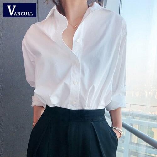 Vangull Vintage Cotton Shirts Female Plain Casual Loose Korean Long Sleeve Blouses Women Plus Size Harajuku Chic Elegant Tops
