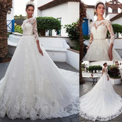 Gorgeous Tulle Jewel Neckline A-line Wedding Dress With Fully Lace Appliques Beadings Belt 3/4 Sleeves Bridal Gowns