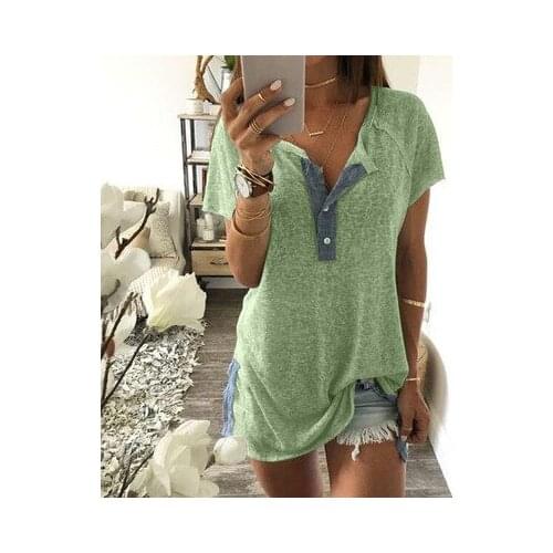 Summer New Womens Splicing V-neck Short Sleeve Button Fashion Loose Womens Medium Length T-shirt