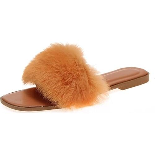 Ladies Colorful Fox Fur Fluffy Slippers Womens Lovely Plush Real Fox Hair Slides Party Furry Flip Flops Womens Sandals