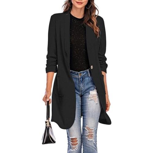 Women Blazers Office Lady Suits Coat Solid Pockets Autumn Winter 3/4 Sleeve One Button Female Midi Blazer Stylish Suit Jacket