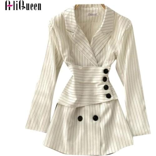 Korean Fashion Long Sleeve Women Girdle Long Blazer Dress Feminino Loose Notched Jacket Office Lady Black Striped Trend Coats