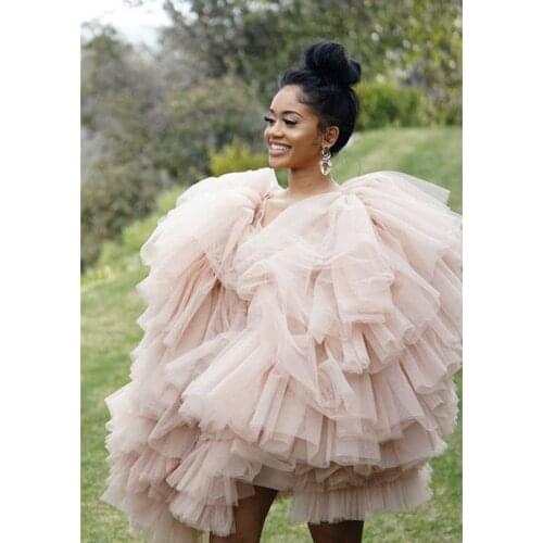 Nude Pink Puffy Mini Women Dresses Summer Ruffles Tiered Lush Short Robe Dress 2020 Plus Size Custom Made Vestidos